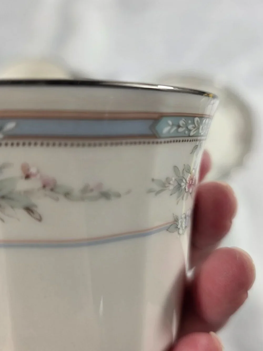 TWO Noritake Rothschild Cup & Saucer Sets Ivory Blue Band with Pink Flowers